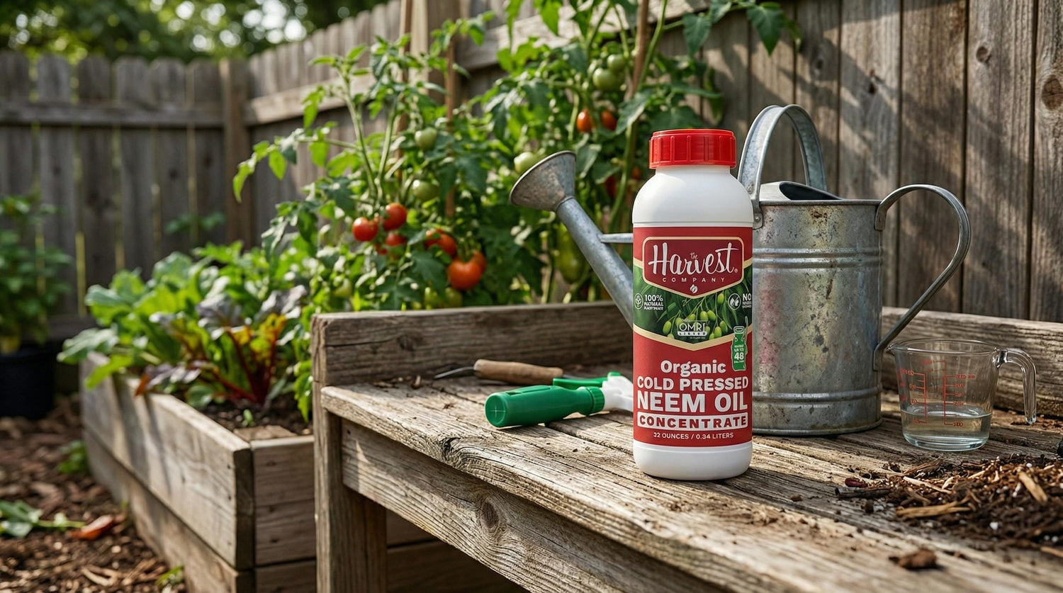 Harvest Company Neem oil product in outside backyard 