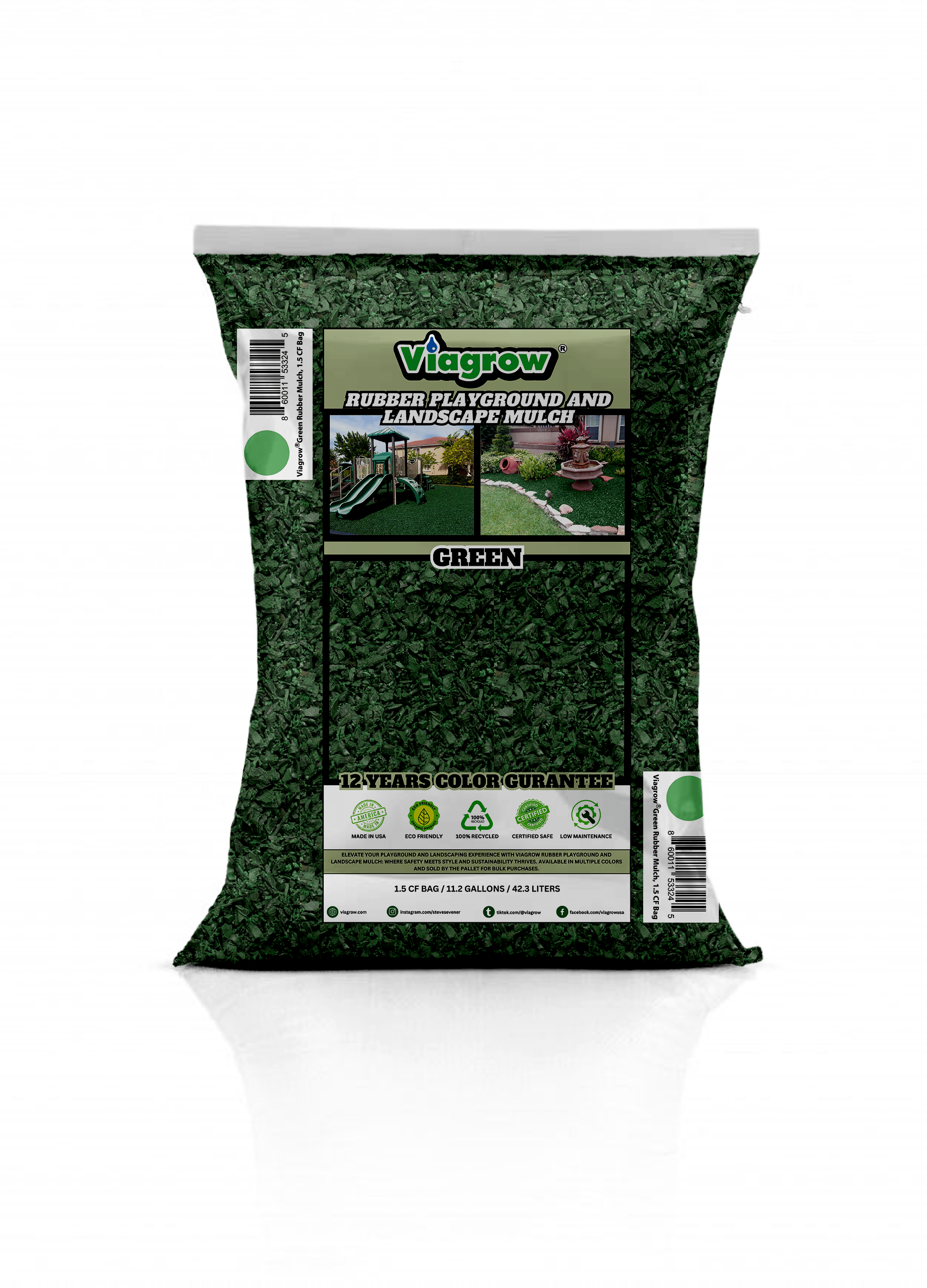 Green Rubber Playground & Landscape Mulch by Viagrow, 1.5 CF Bag ( 11.2 Gallons / 42.3 Liters)