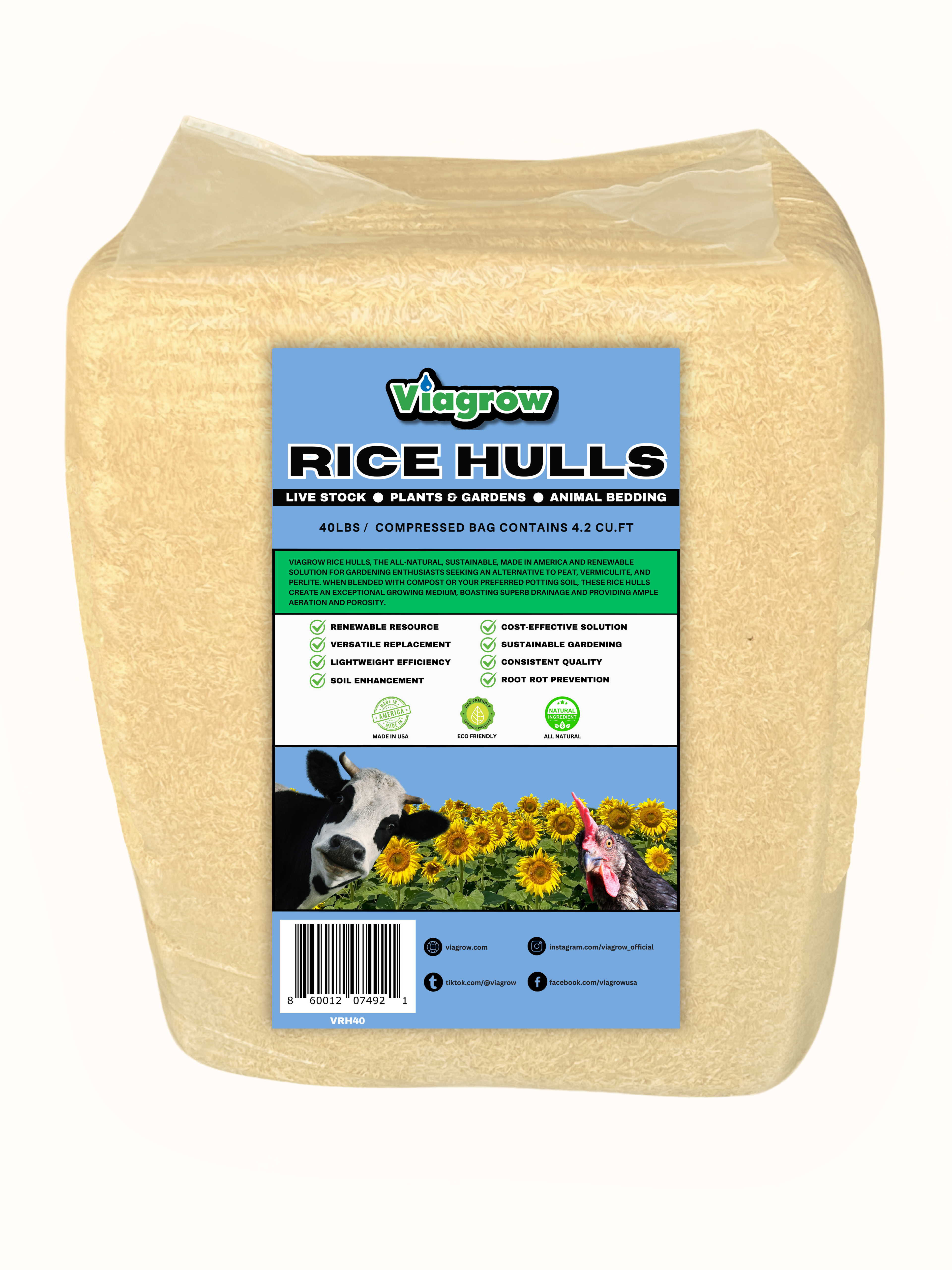 Viagrow 40LB Rice Hulls Compressed Bag Pallet (Pallet of 32)