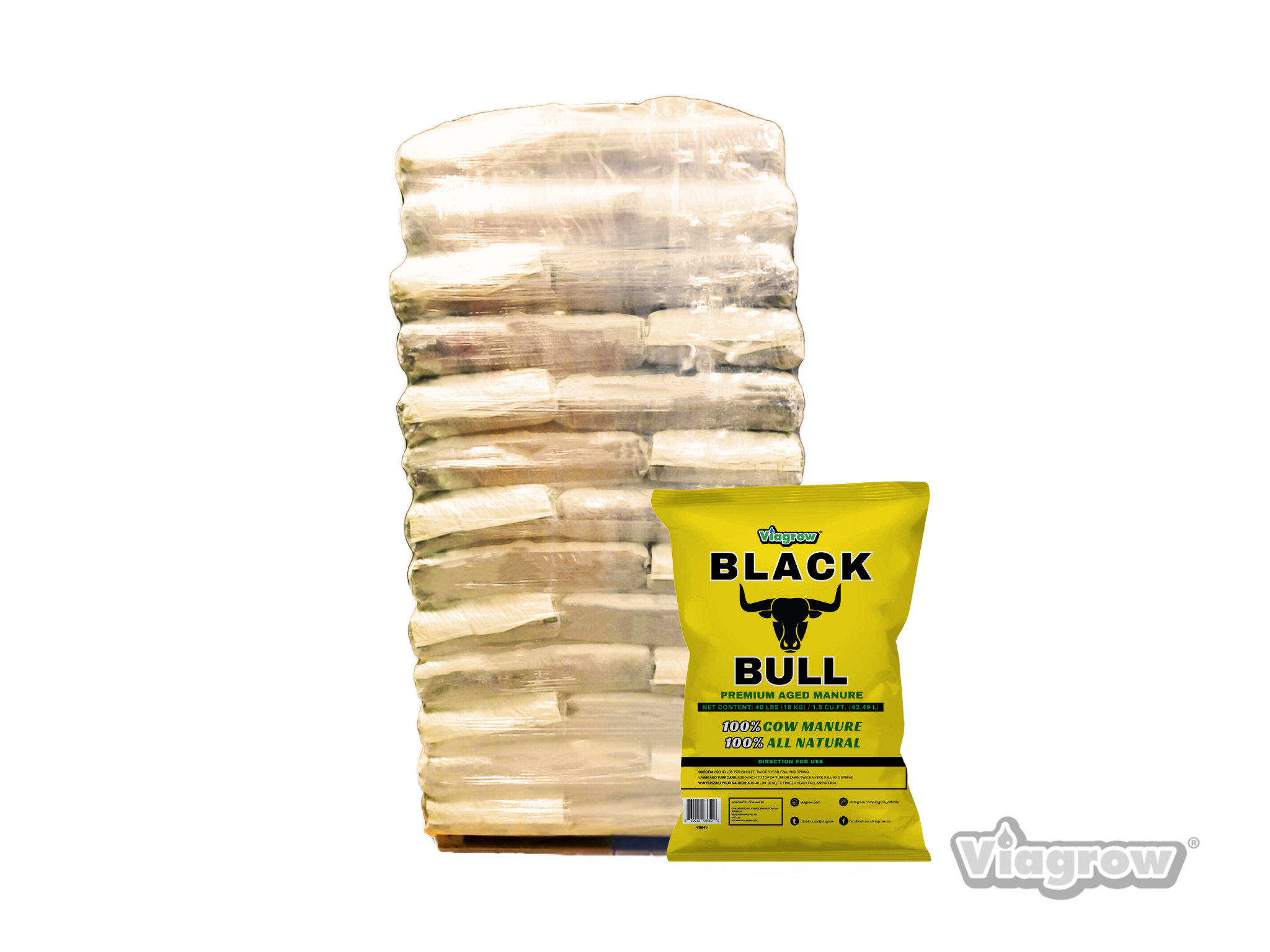 NEW ITEM: Viagrow 1.5 CF (40 LBS) Black Bull Premium Aged Manure Pallet (Pallet of 60)