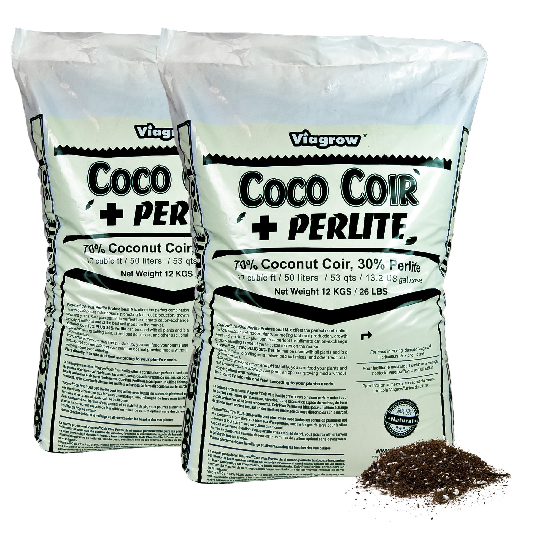 Viagrow Coco Coir Plus Perlite, substrat de culture de qualité supérieure, 70% fibre de coco 30% perlite, résiste au compactage, jardinage intérieur et extérieur 50 litres / 53 pintes / 1,7 pied cube / 13,3 gal / 12 kg, palette de 72 sacs