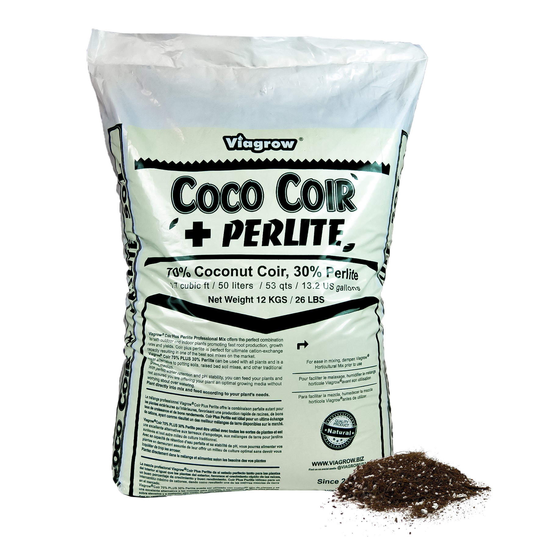 Viagrow Coco Coir Plus Perlite, substrat de culture de qualité supérieure, 70% fibre de coco 30% perlite, résiste au compactage, jardinage intérieur et extérieur 50 litres / 53 pintes / 1,7 pied cube / 13,3 gal / 12 kg, palette de 72 sacs