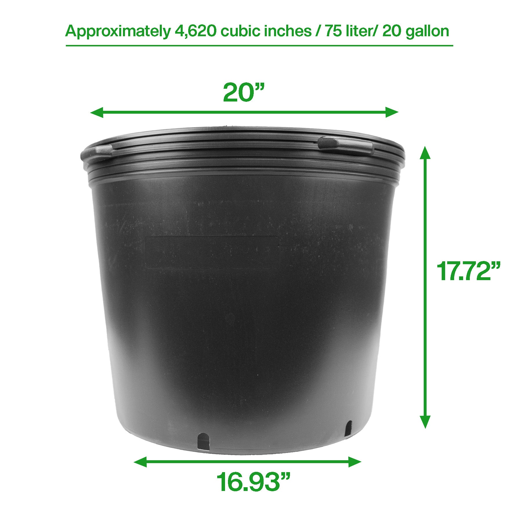 20 gallons. Pots de jardin ronds en plastique (20,4 gallons réels/77,22 l/3,17 pi3) (palette de 520 unités)