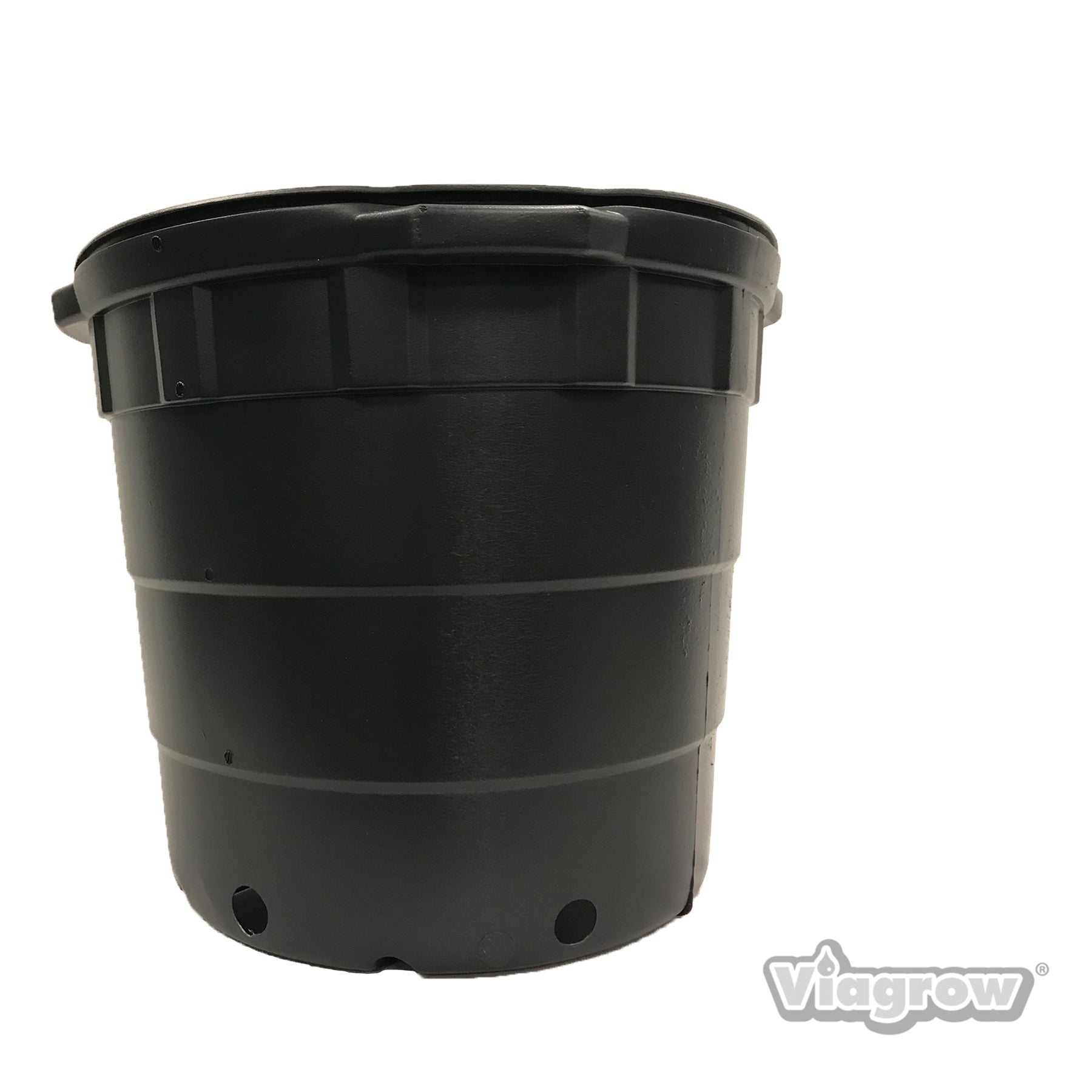 A black Viagrow 10 gallon nursery pot with a raised rim design, featuring several drain holes near the bottom.