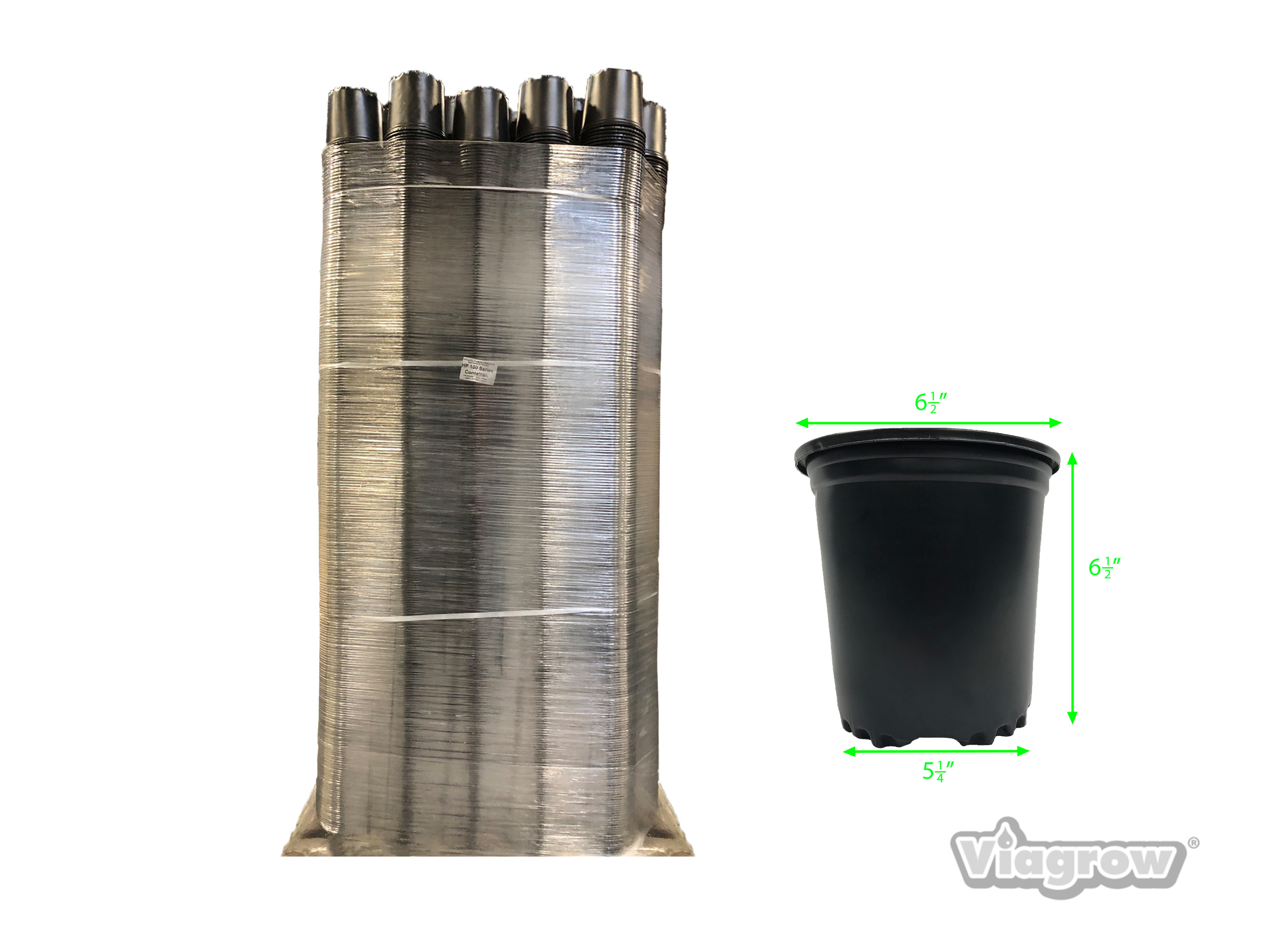 A stack of black plastic nursery pots with visible dimensions, part of a pallet order.