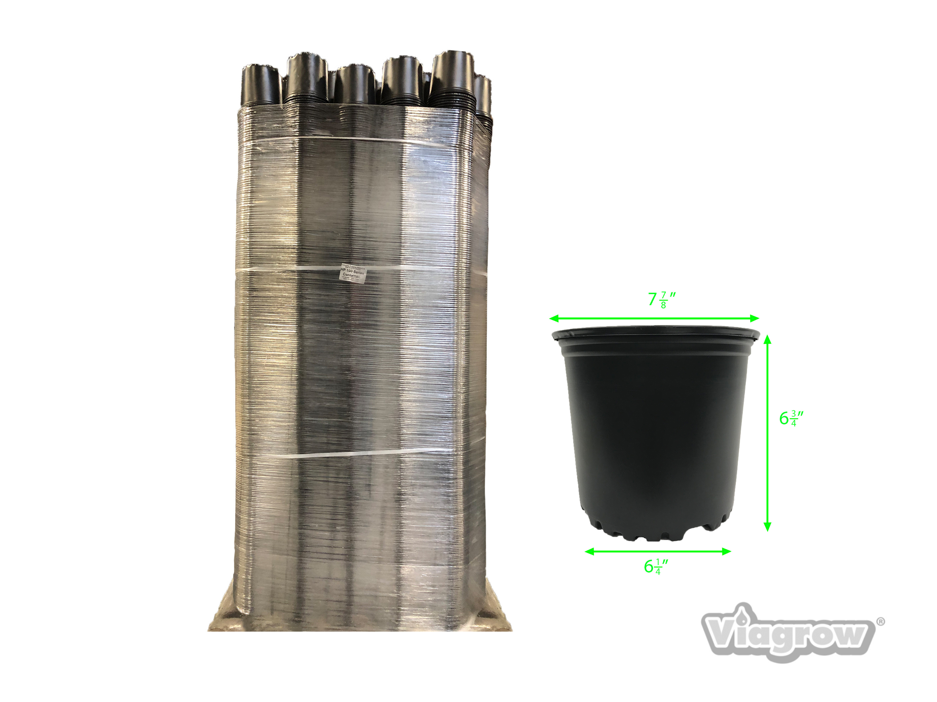 A stack of black plastic nursery pots with visible dimensions next to a wrapped pallet.