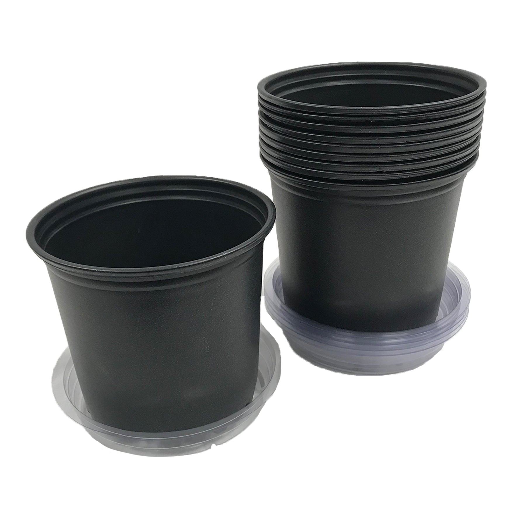 Two black 1-gallon round plastic nursery pots with matching clear plastic saucers.