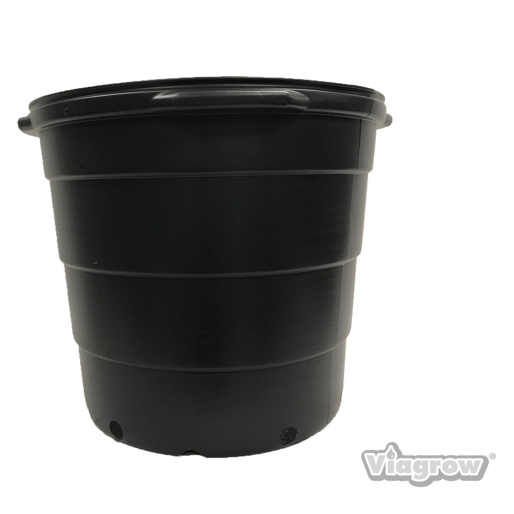 A black Viagrow 15 gallon nursery pot with a raised rim design, suitable for planting.