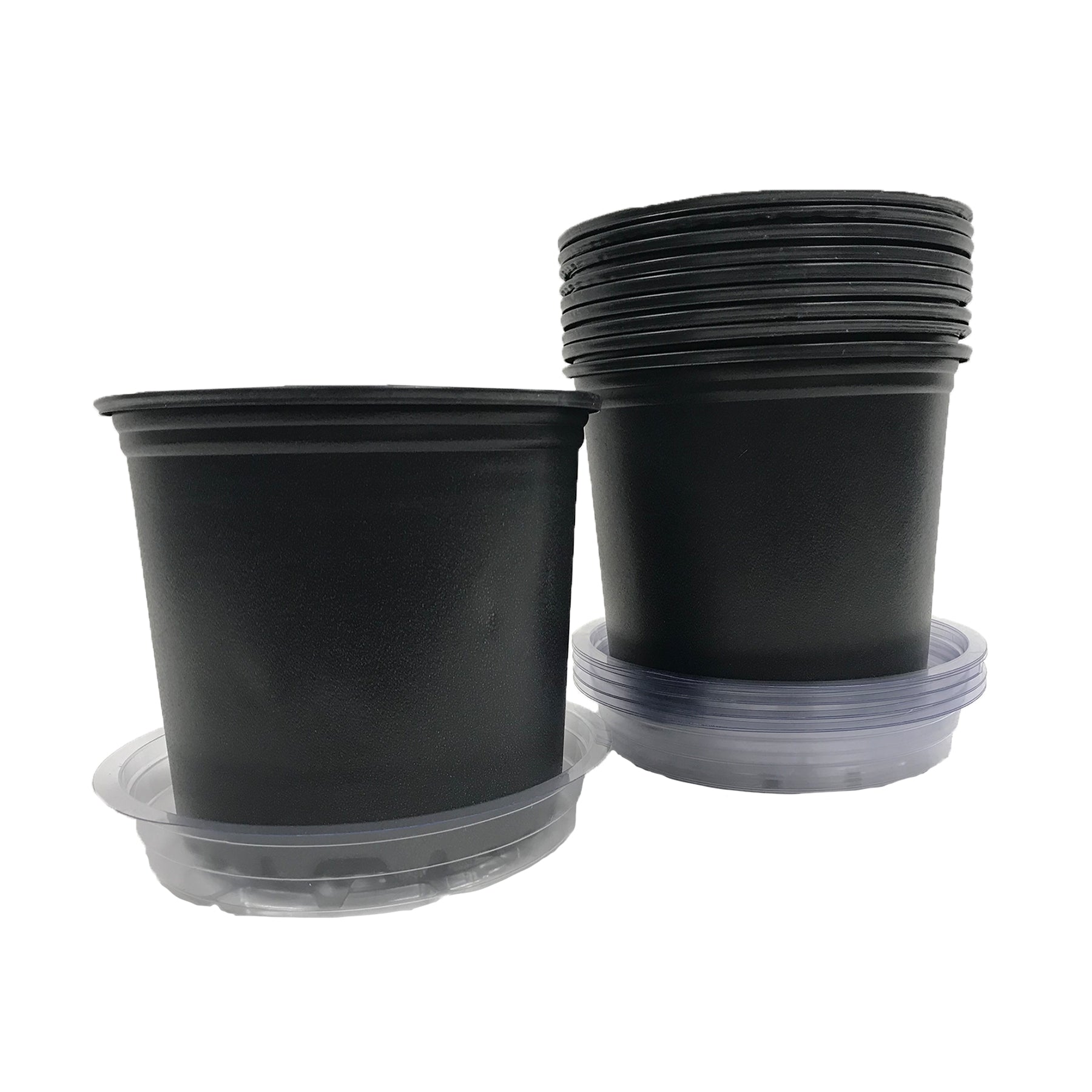 Two black plastic pots with lids, one being a nursery pot and the other a saucer.