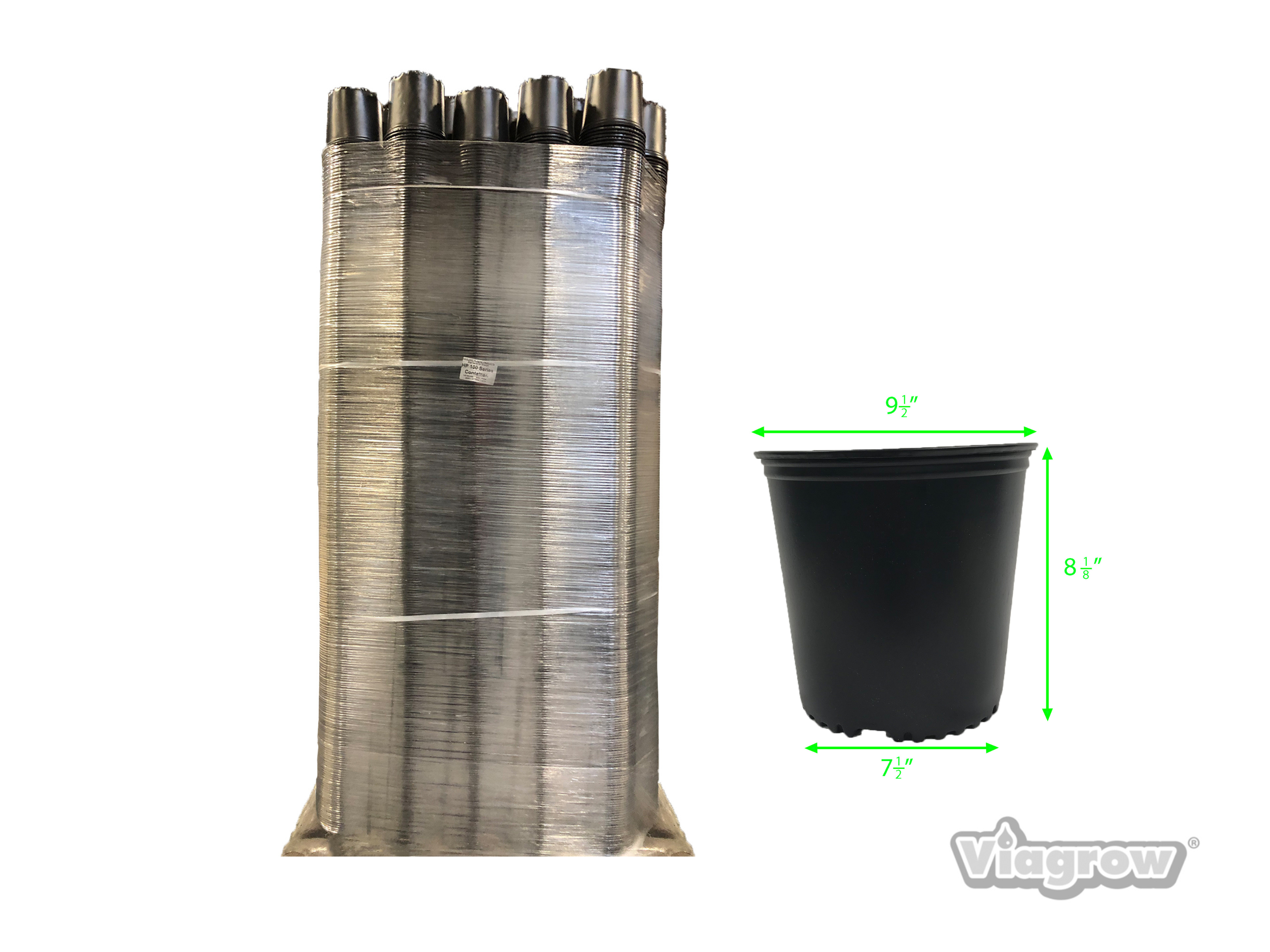A stack of black Viagrow 2 gallon nursery pots with a dimension label indicating the size of the pot.