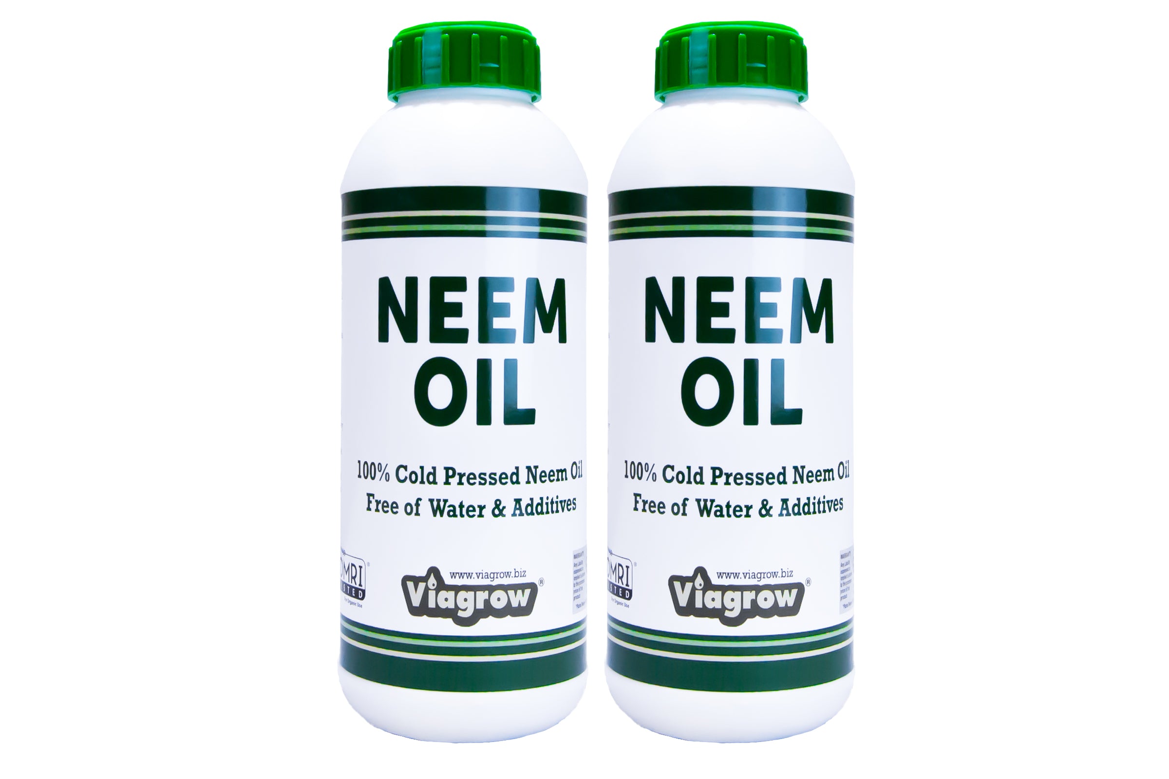Two bottles of Viagrow brand 100% cold pressed neem oil, with labels indicating the product is free of water and additives.