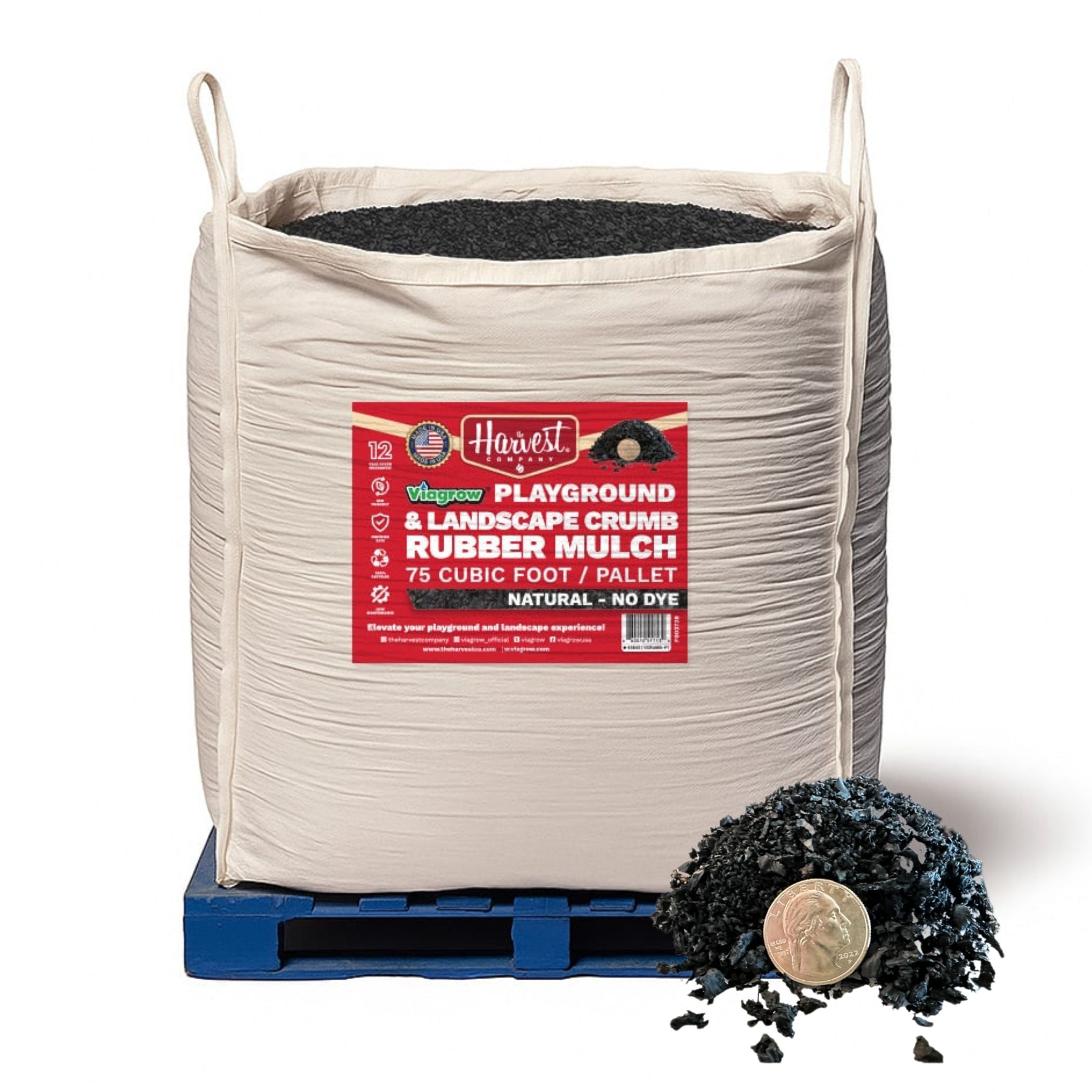 Large bag of playground and athletic surface rubber mulch with a visible brand label on a white background.