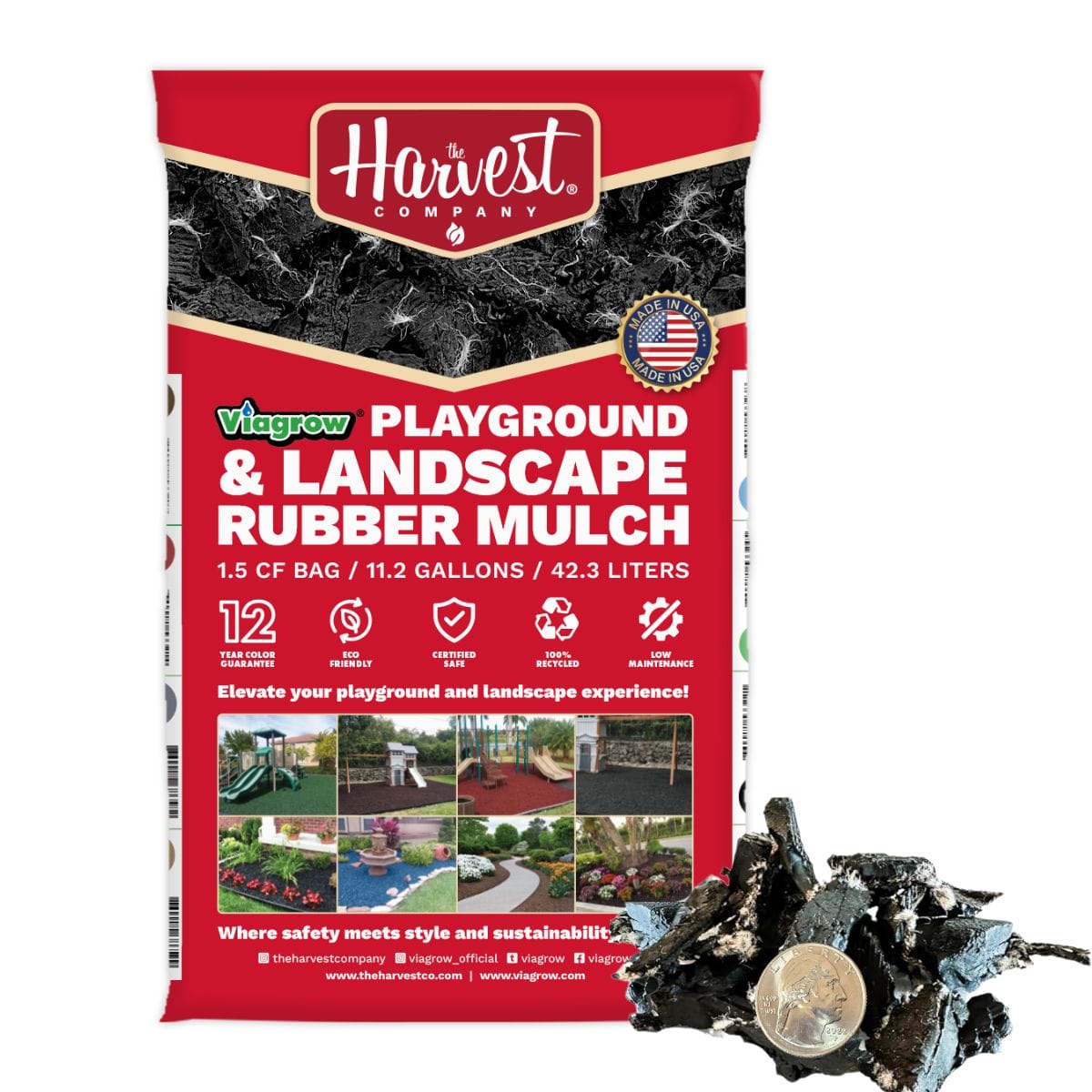 Bag of playground and landscape rubber mulch with Harvest Company branding.
