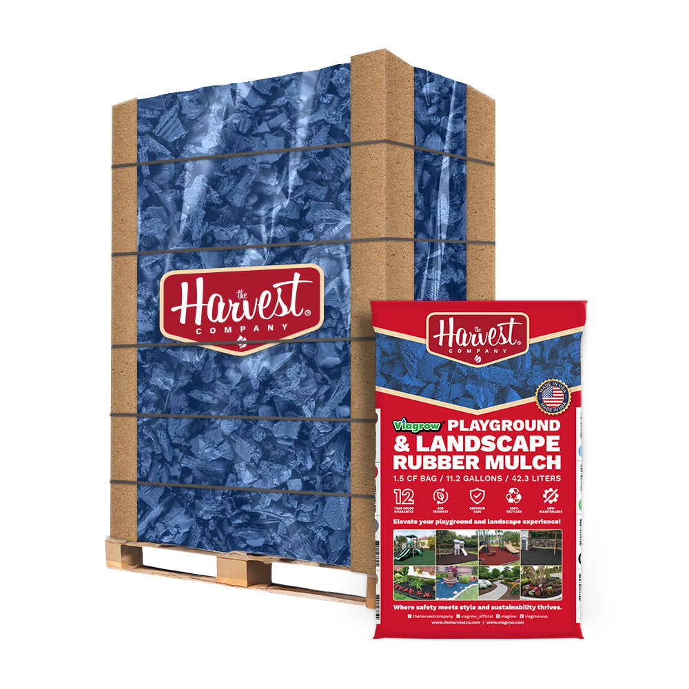 Harvest Company playground and landscape rubber mulch packaging on a pallet