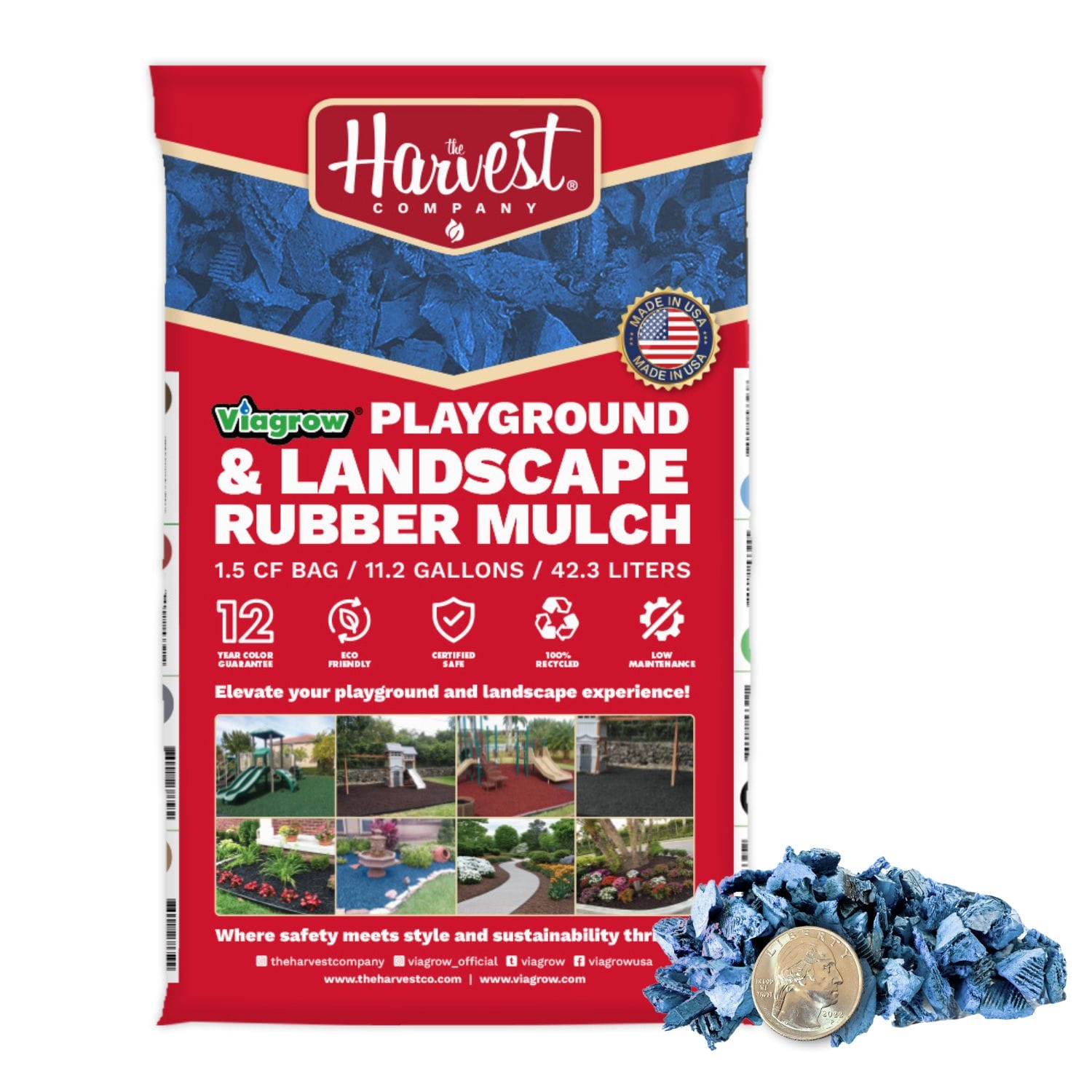 Bag of playground and landscape rubber mulch with Harvest Company branding