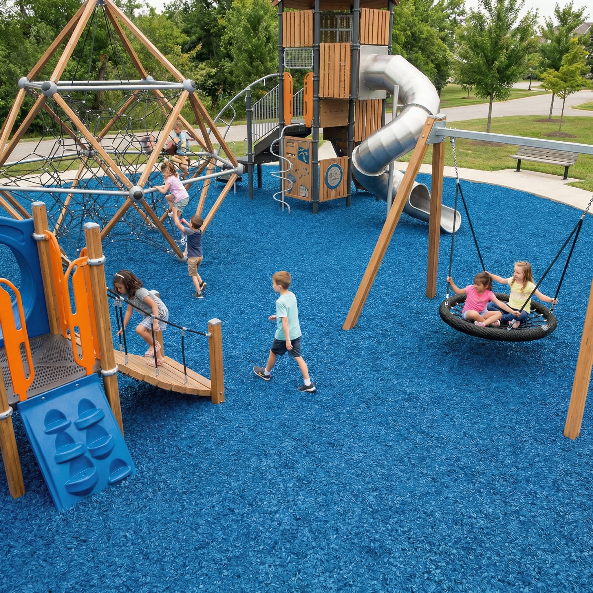 Children playing on a playground with blue safety surfacing