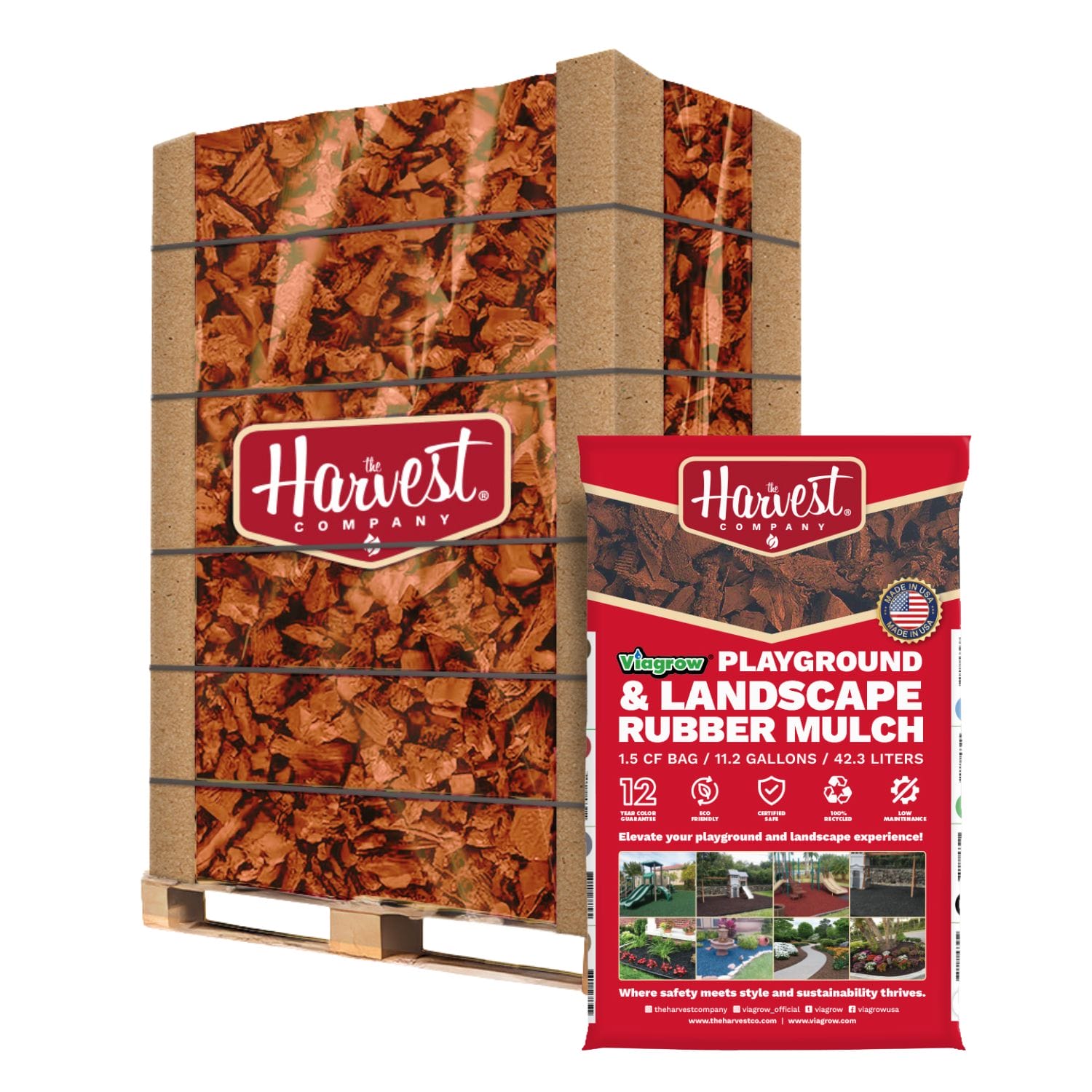 Harvest Company playground and landscape rubber mulch packaging on a white background