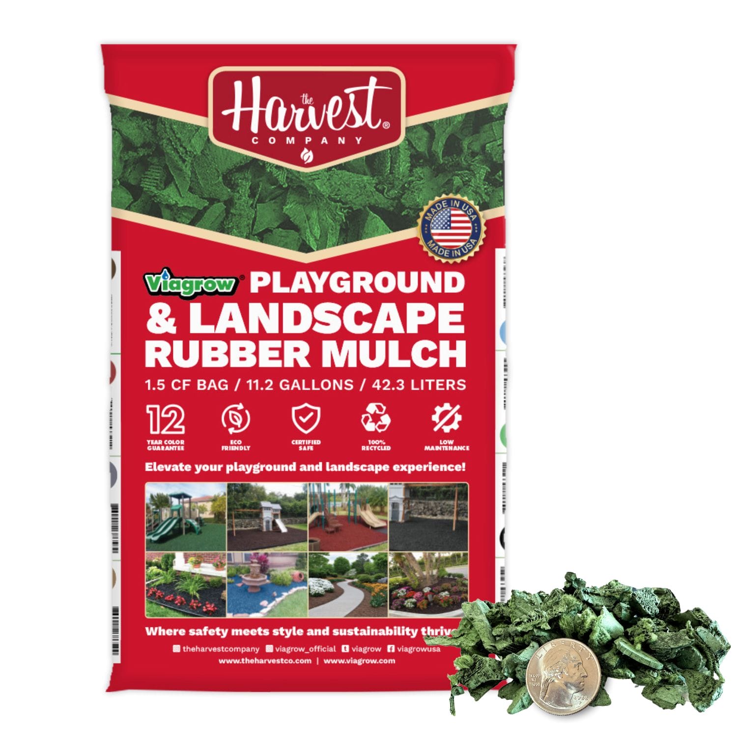 Bag of playground and landscape rubber mulch with 'The Harvest Company' branding.