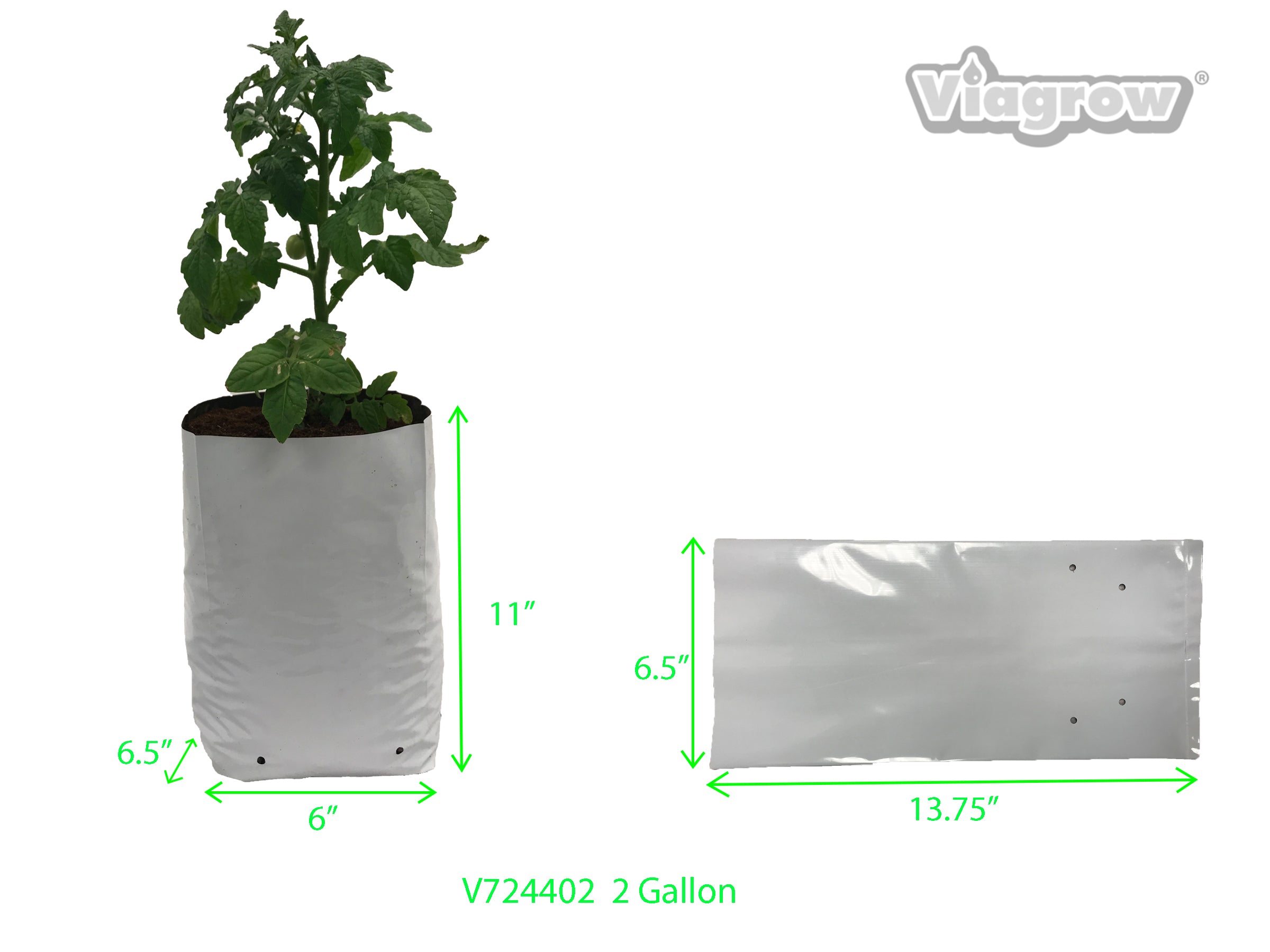 A set of Viagrow plastic grow bags in various sizes, with one bag containing a young plant. The bags are predominantly white with black accents and feature pre-punched drainage holes.