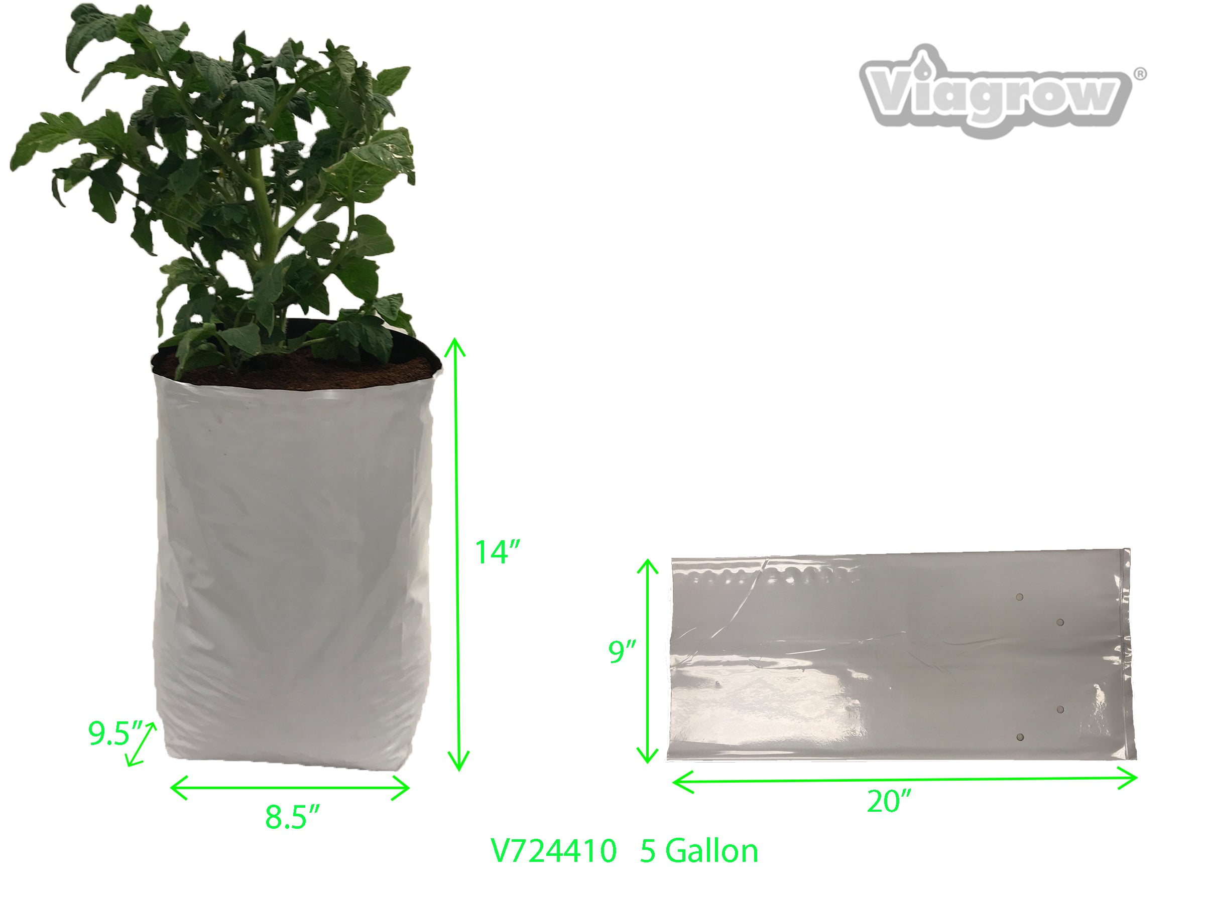 A set of Viagrow plastic grow bags in various sizes, with one bag containing a young plant. The bags are predominantly white with black accents and feature pre-punched drainage holes.