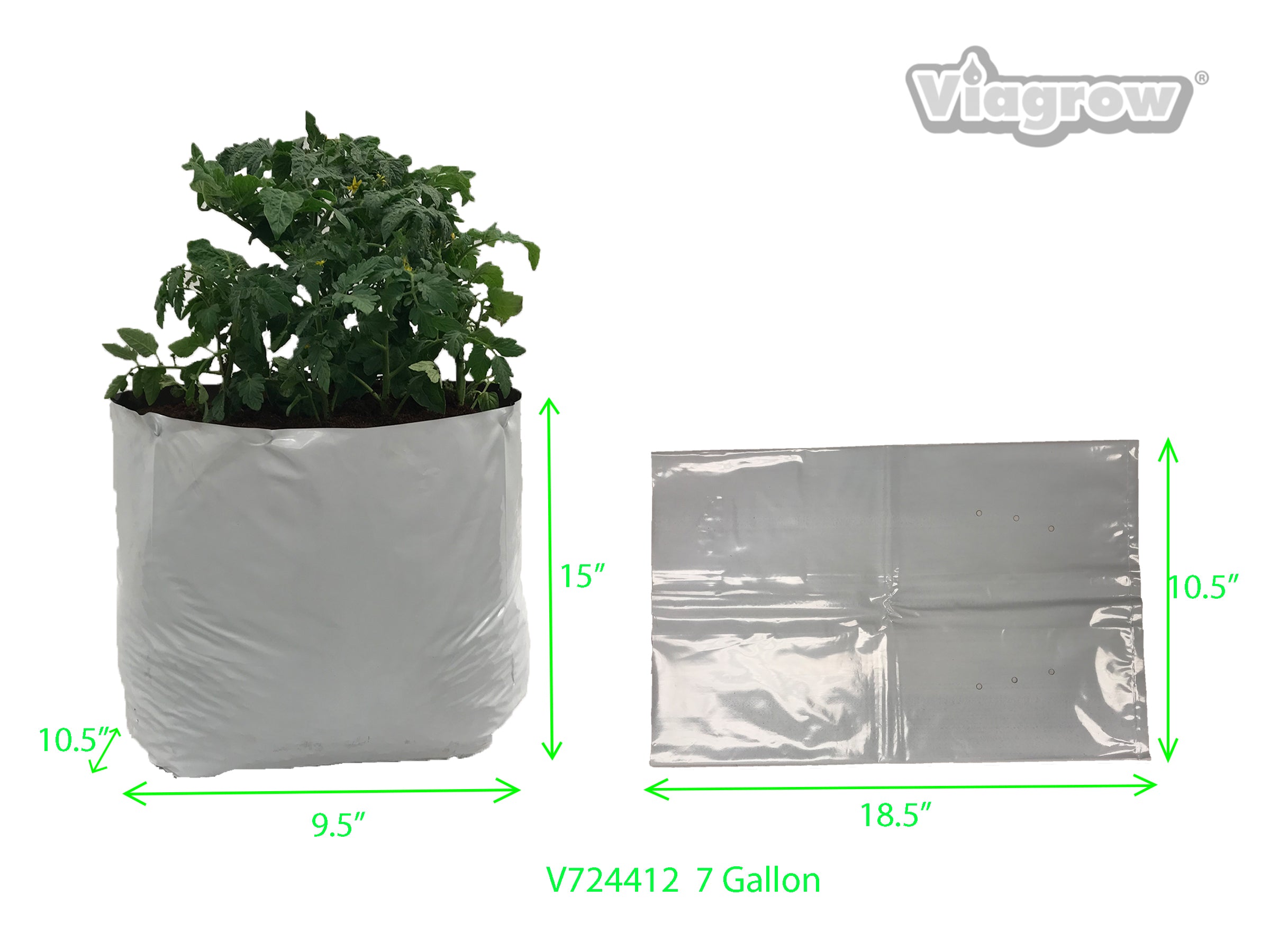 A set of Viagrow plastic grow bags in various sizes, with one bag containing a young plant. The bags are predominantly white with black accents and feature pre-punched drainage holes.
