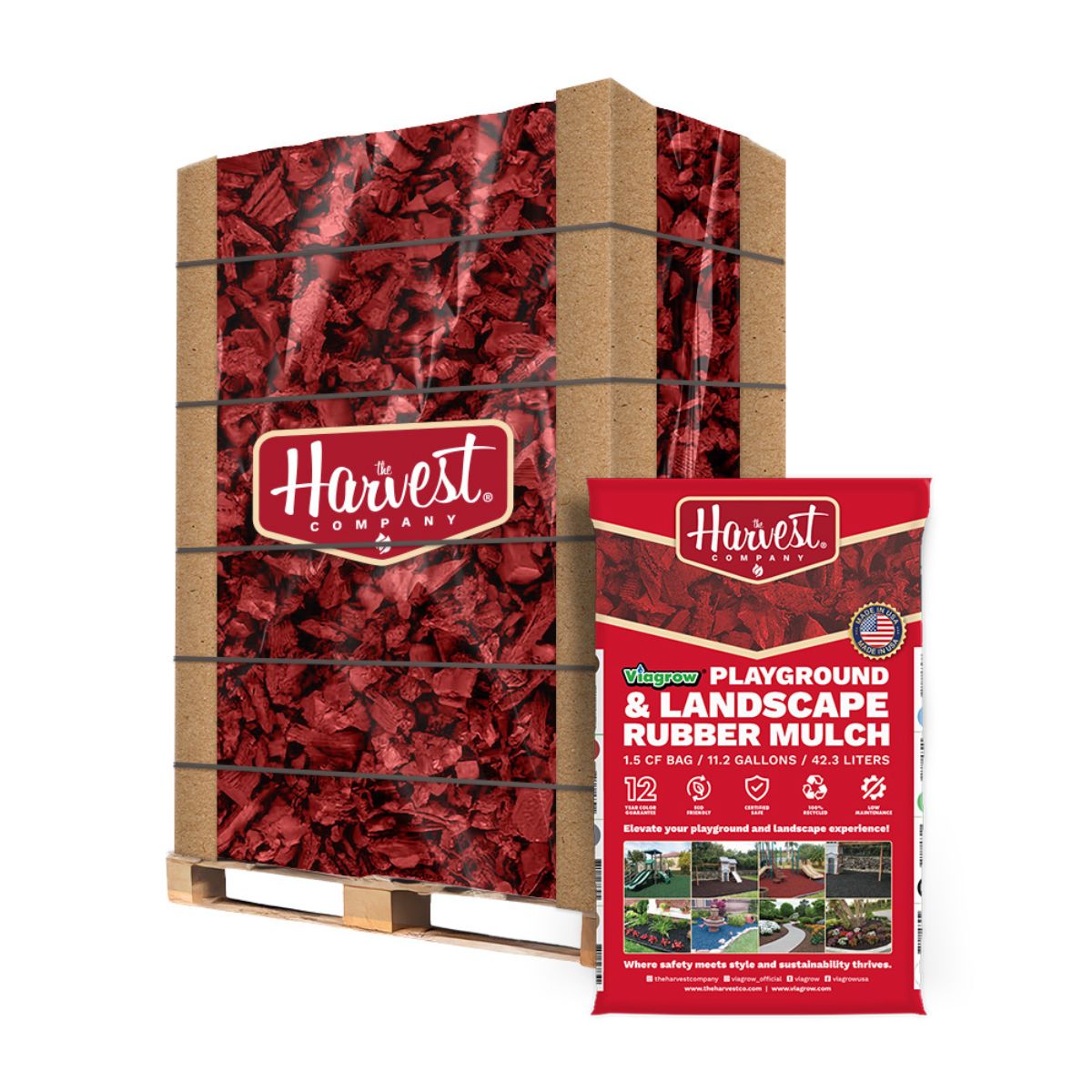 Harvest Company playground and landscape rubber mulch packaging on a white background