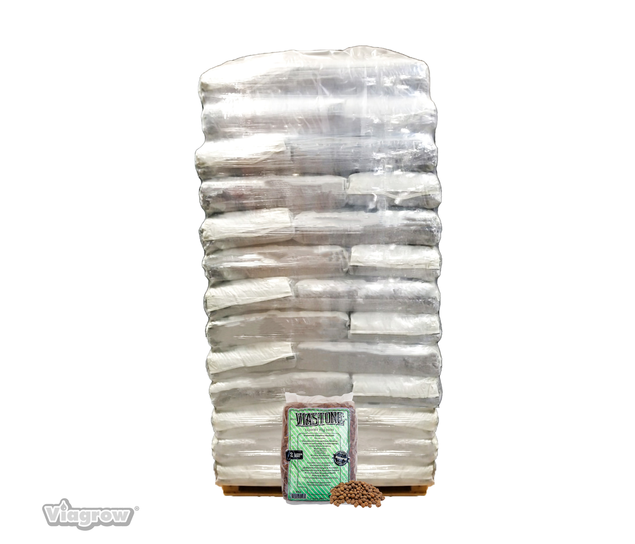 A pallet of 50 Viastone 2L expanded clay rocks, stacked in a column, with one bag of product visible in front of the stack showing the brand and product name.