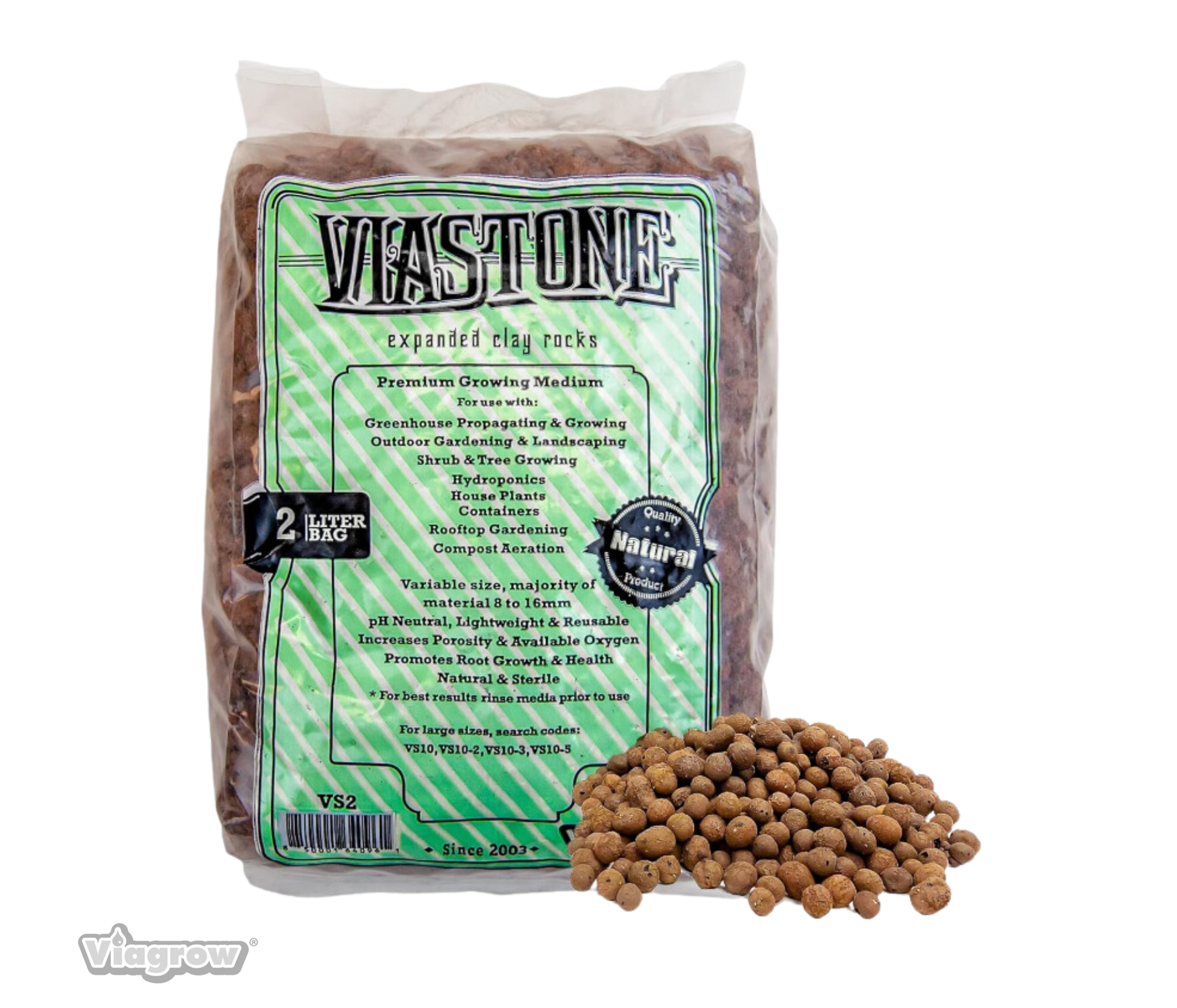 A bag of Viastone expanded clay rocks designed for gardening, showing the product name and size, alongside a small pile of the clay rocks.