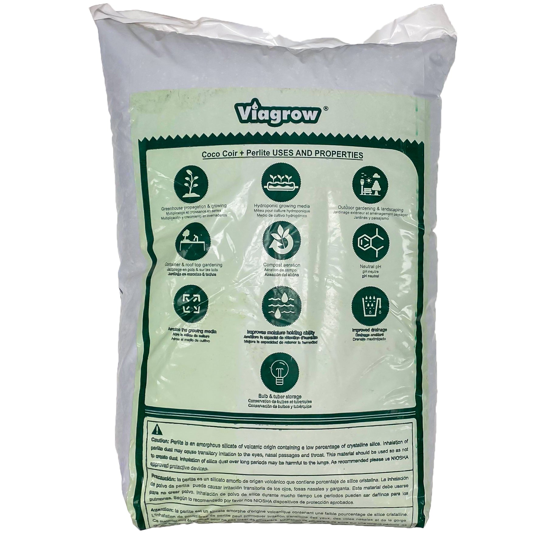 Viagrow Coco Coir Plus Perlite, substrat de culture de qualité supérieure, 70% fibre de coco 30% perlite, résiste au compactage, jardinage intérieur et extérieur 50 litres / 53 pintes / 1,7 pied cube / 13,3 gal / 12 kg, palette de 72 sacs