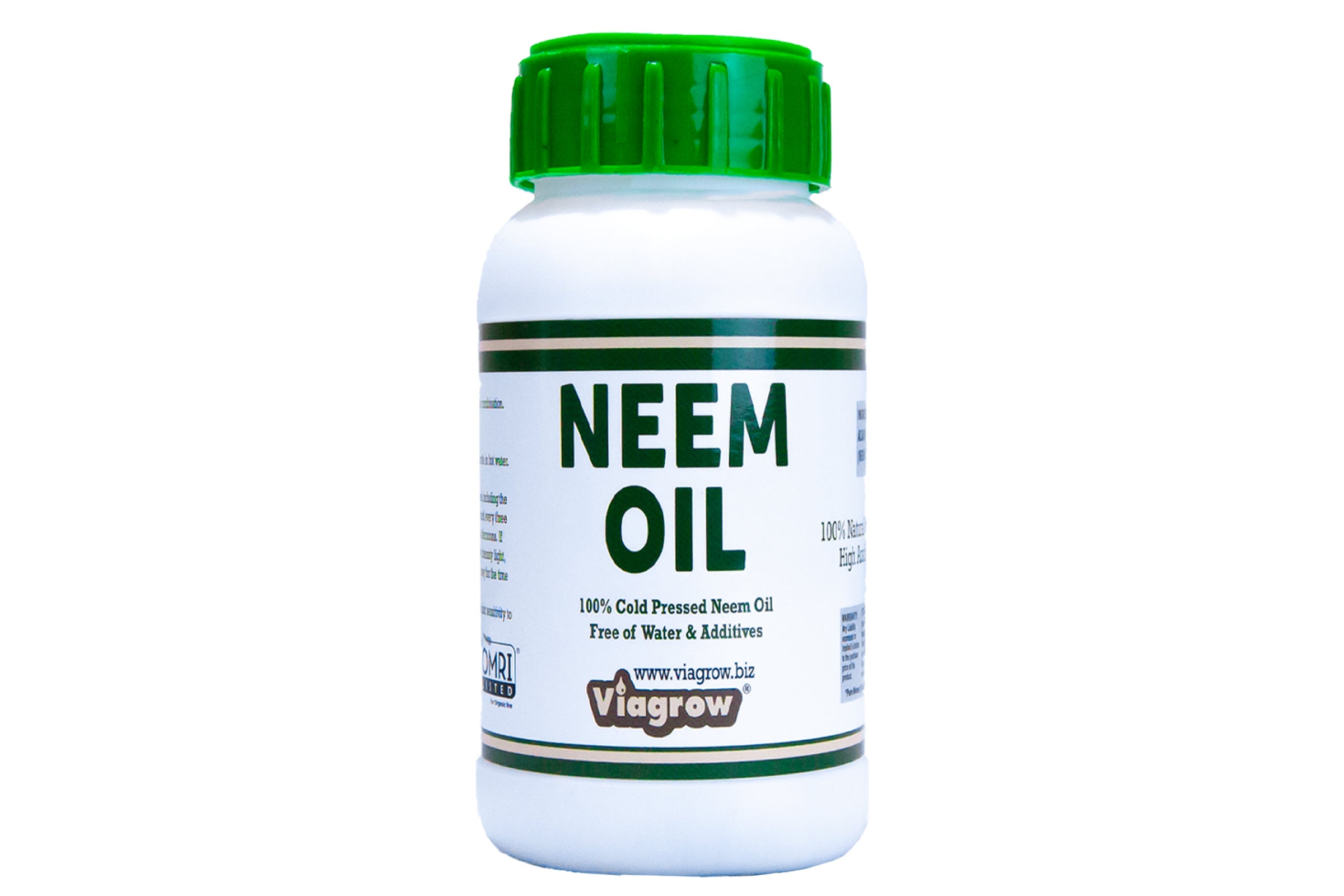 A bottle of Viagrow brand cold pressed neem oil seed extract with a green cap, labeled for gardening use.